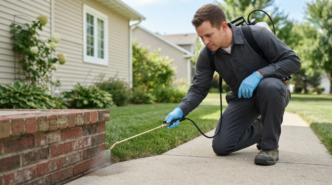 Pest control technician treating a home near Boyertown, PA